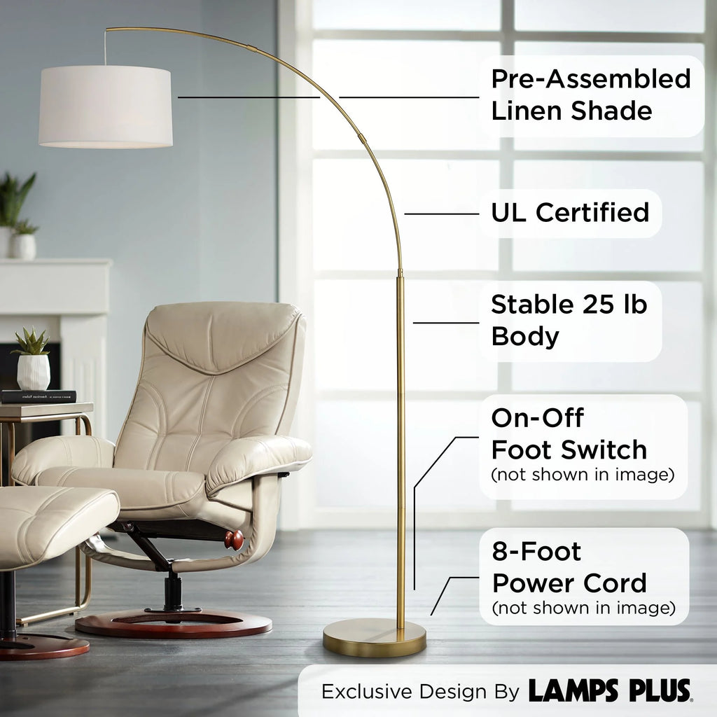 Modern Arc Floor Lamp 72" Tall Brass Metal White Linen Drum Shade F49893