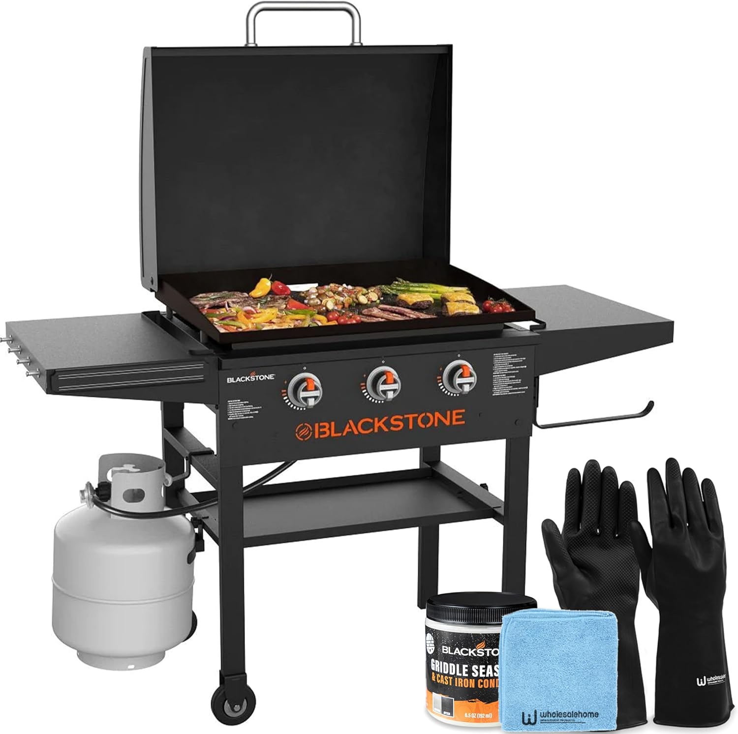 28 Inch Blackstone Griddle 2080 with Hood XL Griddle Original 3-Burner Outdoor Flat Top Grill, with Blackstone Griddle Seasoning, and Wholesalehome Gloves and Cloth