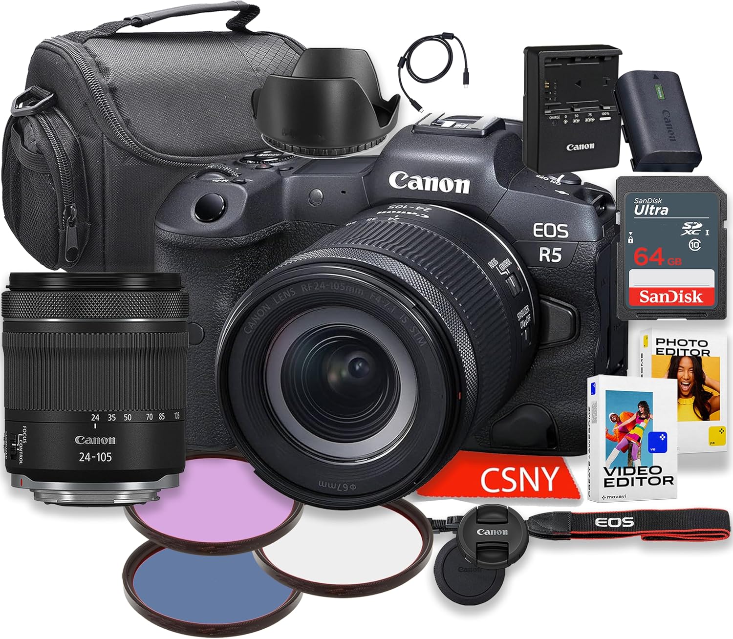 Canon EOS R5 Mirrorless Camera w/Canon RF 24-105mm f/4-7.1 is STM Lens + 64GB Memory Card + Filters & More (Renewed)