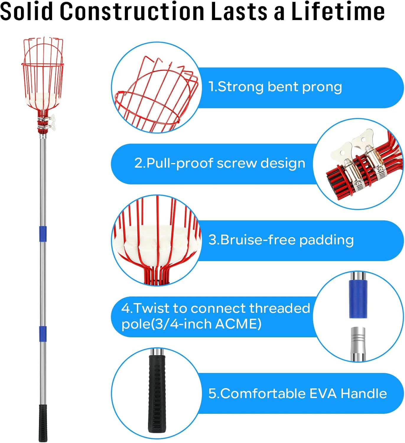 Fruit Picker Pole with Basket 13 FT Adjustable Lightweight Fruit Grabber Tool A163206