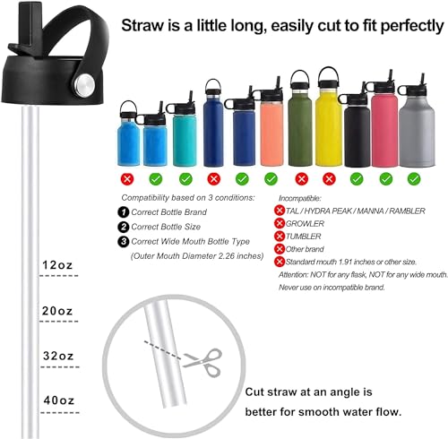 Straw Lid for Wide Mouth Water Bottles, Replacement Cap with Flex Handle, Black, 2 Pack M613