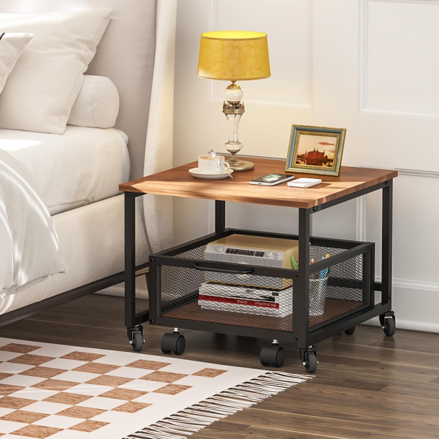 Mini Fridge Stand with Rolling Cart, Lockable Wheels and Metal Basket Drawers S30483