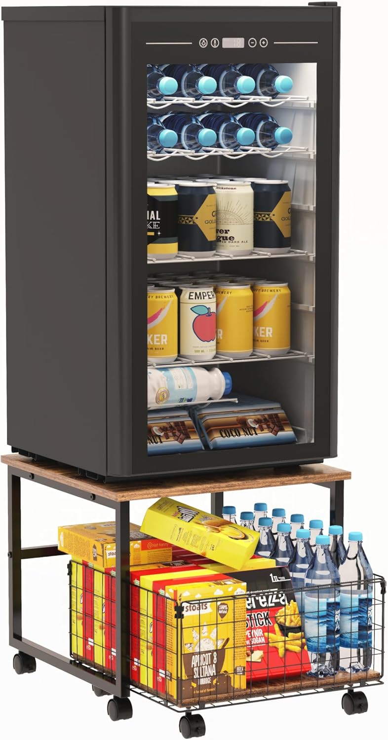 Mini Fridge Stand,Fridge Stand with Storage,120LBS Mini Fridge Table with 4 Lockable Wheels,Fridge Cart for Dorm, Home, Kitchen, Office-Black