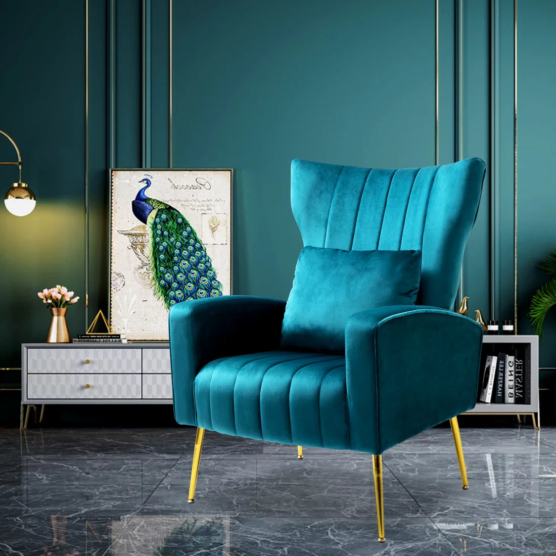 Velvet Accent Chair Set of 2 with Lumbar Pillow, High Back, Metal Legs N73734