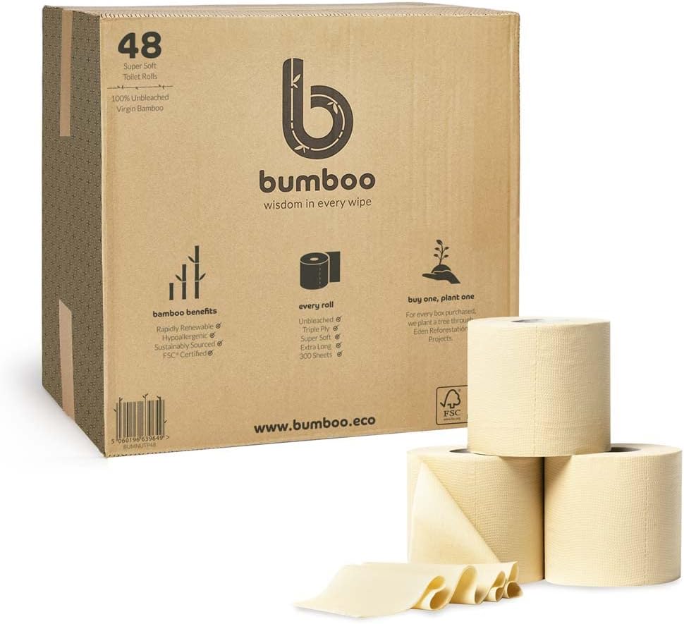 Bamboo Toilet Roll 48 Pack | Unbleached Toilet Paper 3 ply, 300 Sheets | Eco Toilet Rolls Bulk Buy | Plastic-Free, Soft, Strong, Sustainable Loo Roll