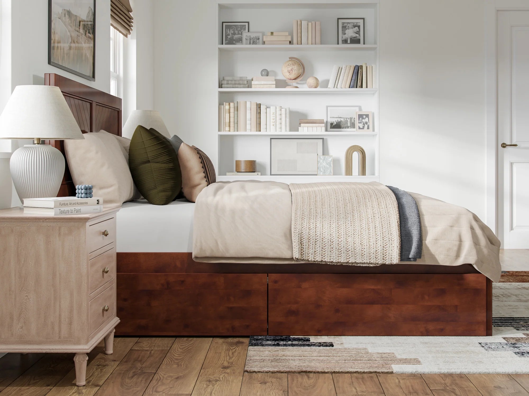 Walnut Solid Wood Platform Bed with Storage Drawers, Queen R138