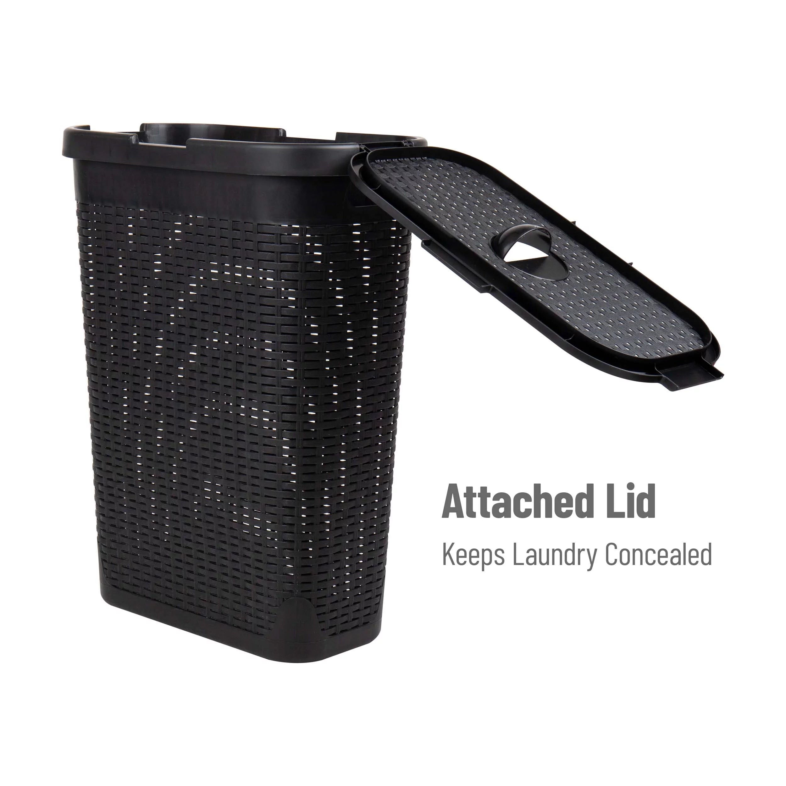 Slim Laundry Hamper with Lid, Wicker Design, Set of 2, Black M9389