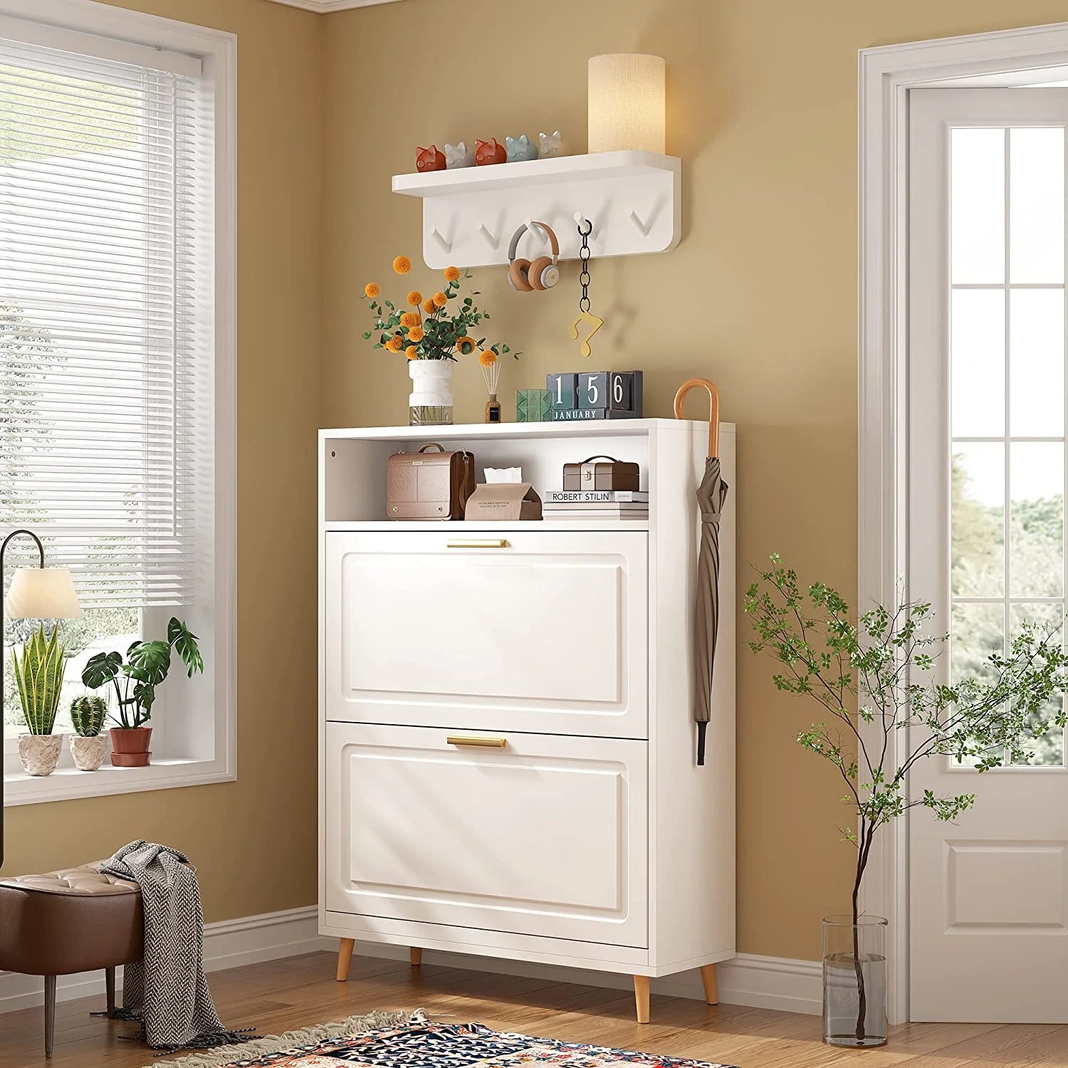 Slim Shoe Cabinet with 2 Flip Drawers for Entryway D77765