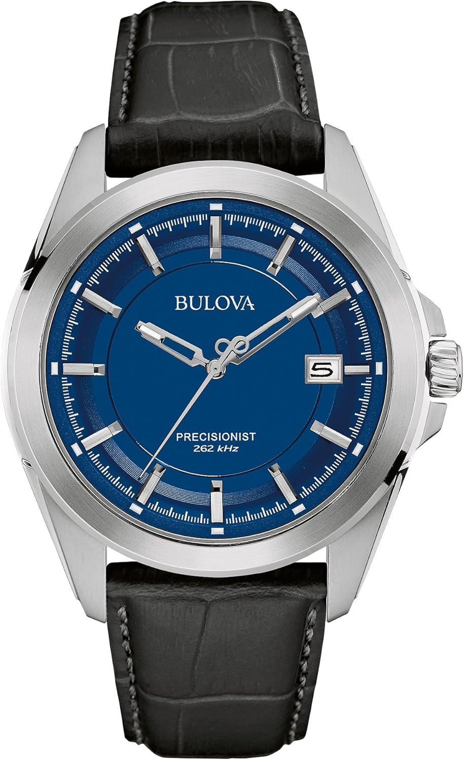 Bulova Men's Precisionist 3-Hand Calendar Stainless Steel with Black Leather Strap and Blue Dial Style: 96B257