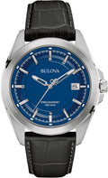 Bulova Men's Precisionist 3-Hand Calendar Stainless Steel with Black Leather Strap and Blue Dial Style: 96B257