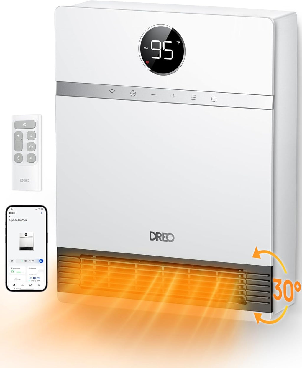 Dreo Smart Wall Heater, IP24 Electric PTC Space Heater for Indoor Use, 30° Oscillation, Adjustable Thermostat, Remote Control, Works with Alexa, 24H Timer, Easy-mounted Heater for Bedroom, Office