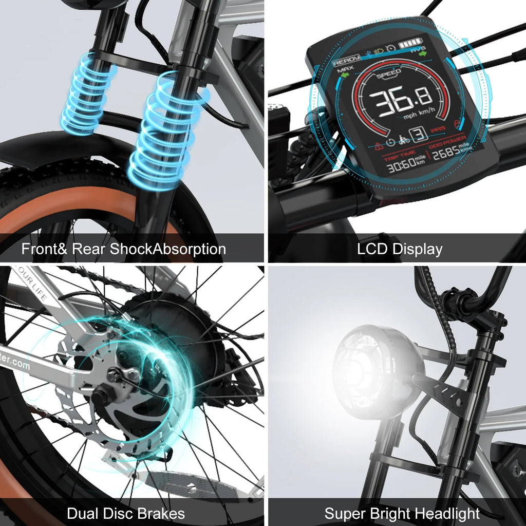 Electric Bike for Adults, 48V 15Ah Removable Battery, 20" Fat Tire Mountain Bicycle H86130