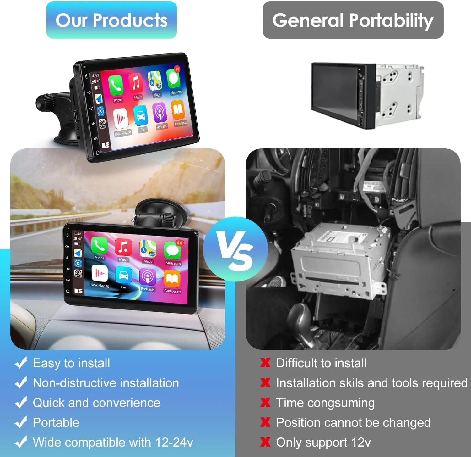 Portable 7-Inch Car Stereo with Wireless CarPlay & Android Auto W452