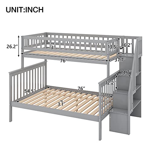 Twin Over Twin/Full Bunk Bed with Trundle and Drawers, Solid Wood Staircase, White C353971