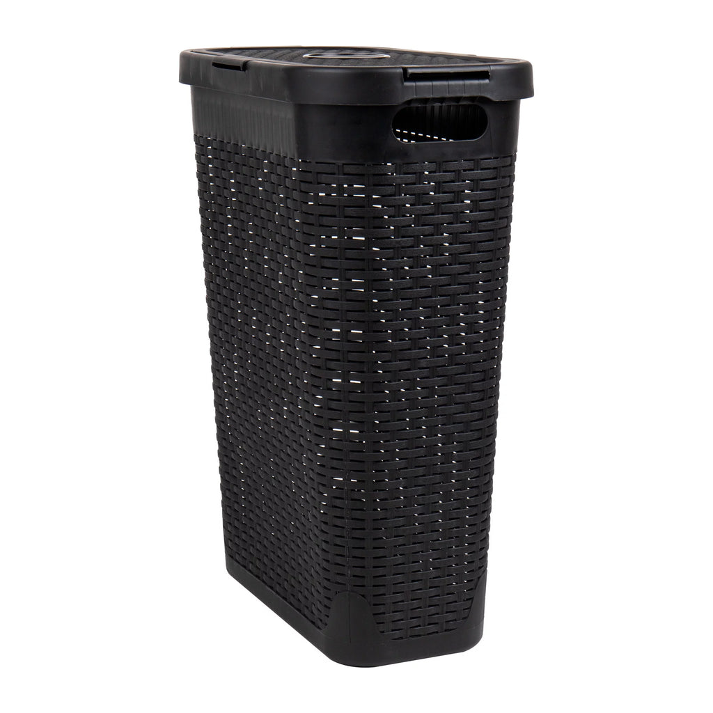 Slim Laundry Hamper with Lid, Wicker Design, Set of 2, Black M9389