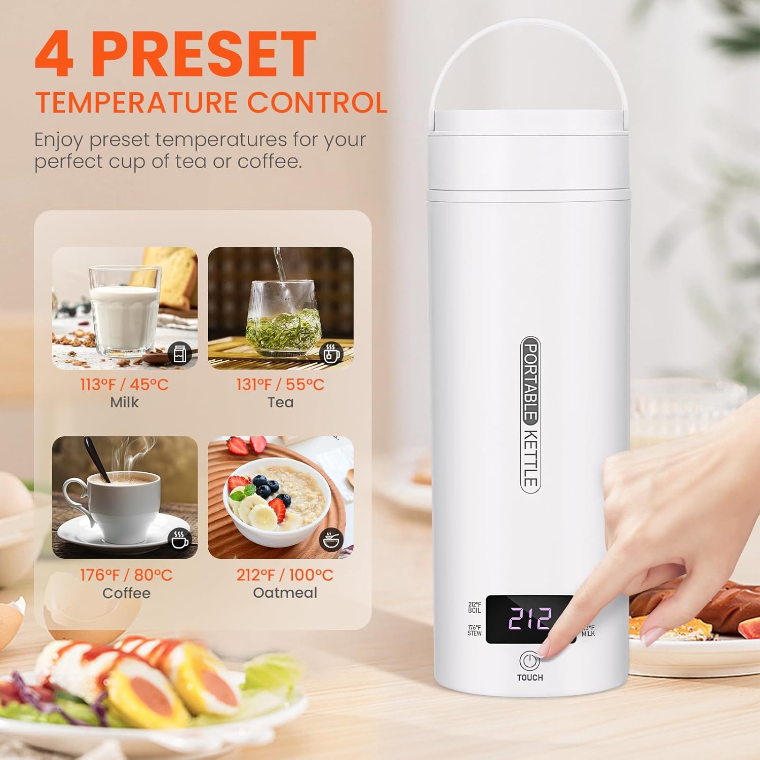 Portable Electric Kettle, 17oz, Stainless Steel, 4 Temperature Settings G959713