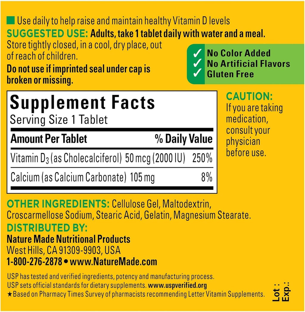Vitamin D3 2000 IU, 100 Tablets for Immune Health A40920