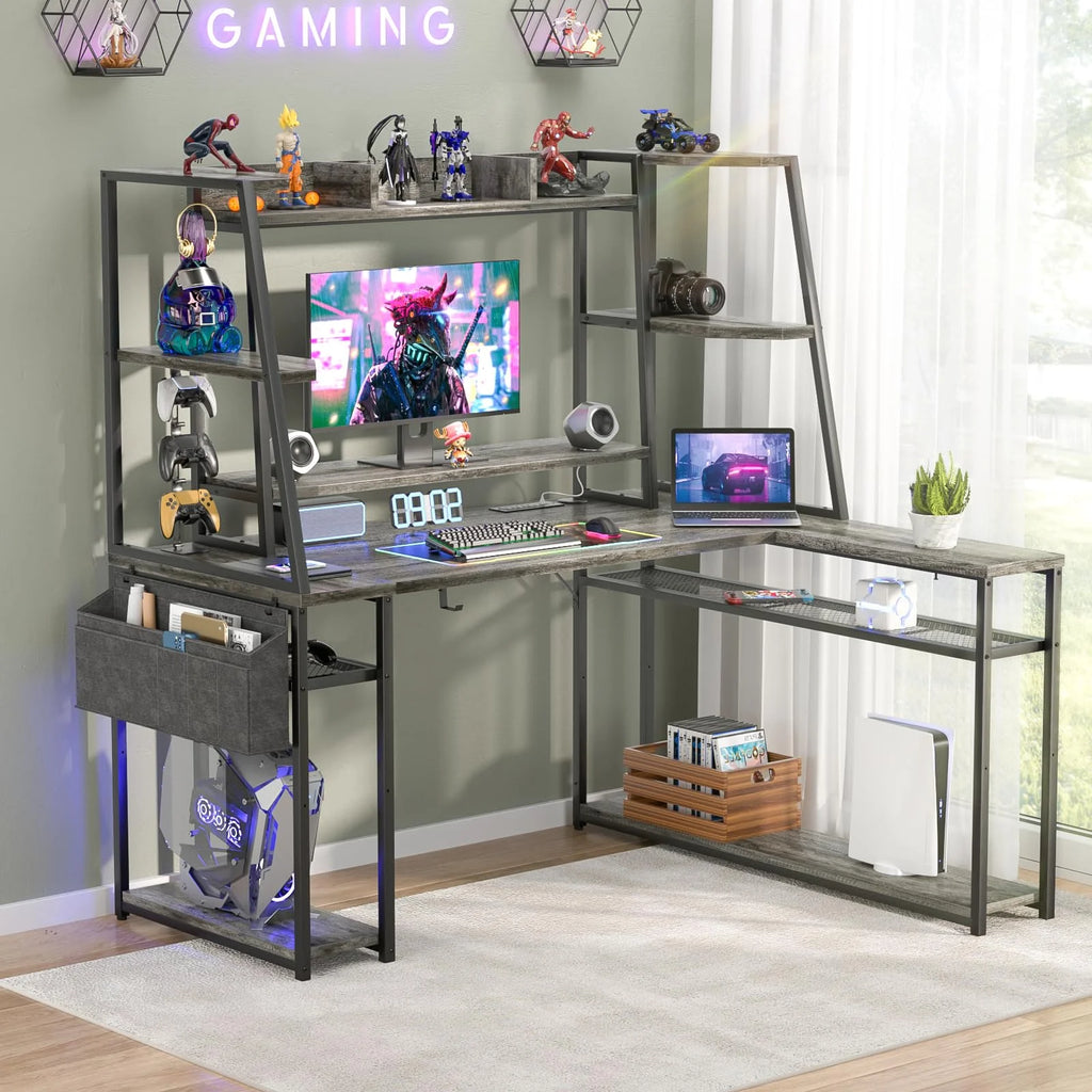 Corner Computer Desk with LED Lights and Power Outlets O803