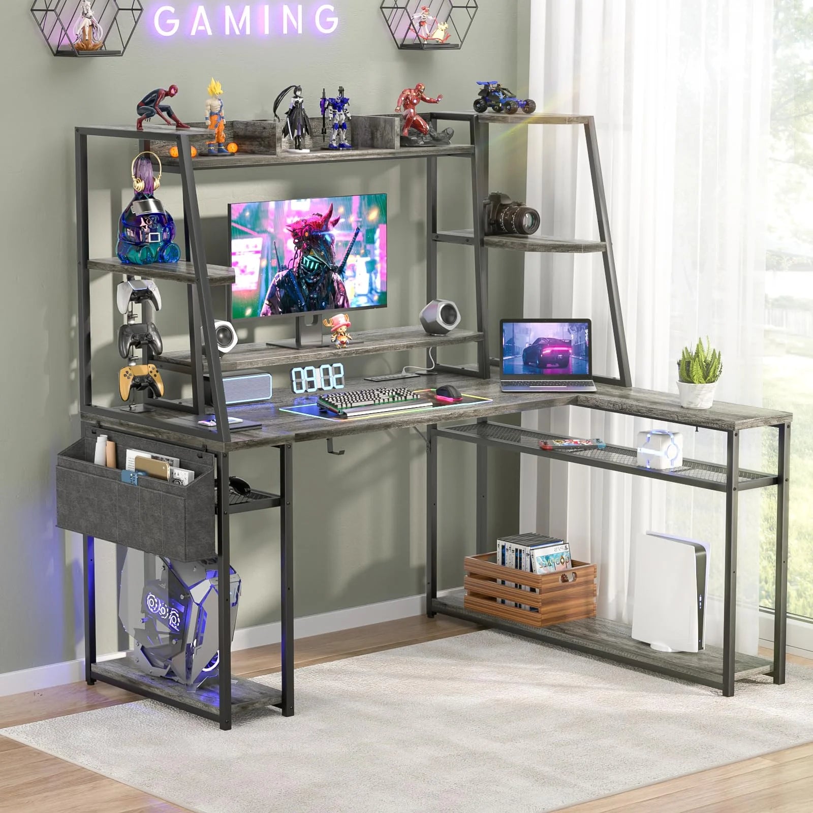 Corner Computer Desk with LED Lights and Power Outlets O803