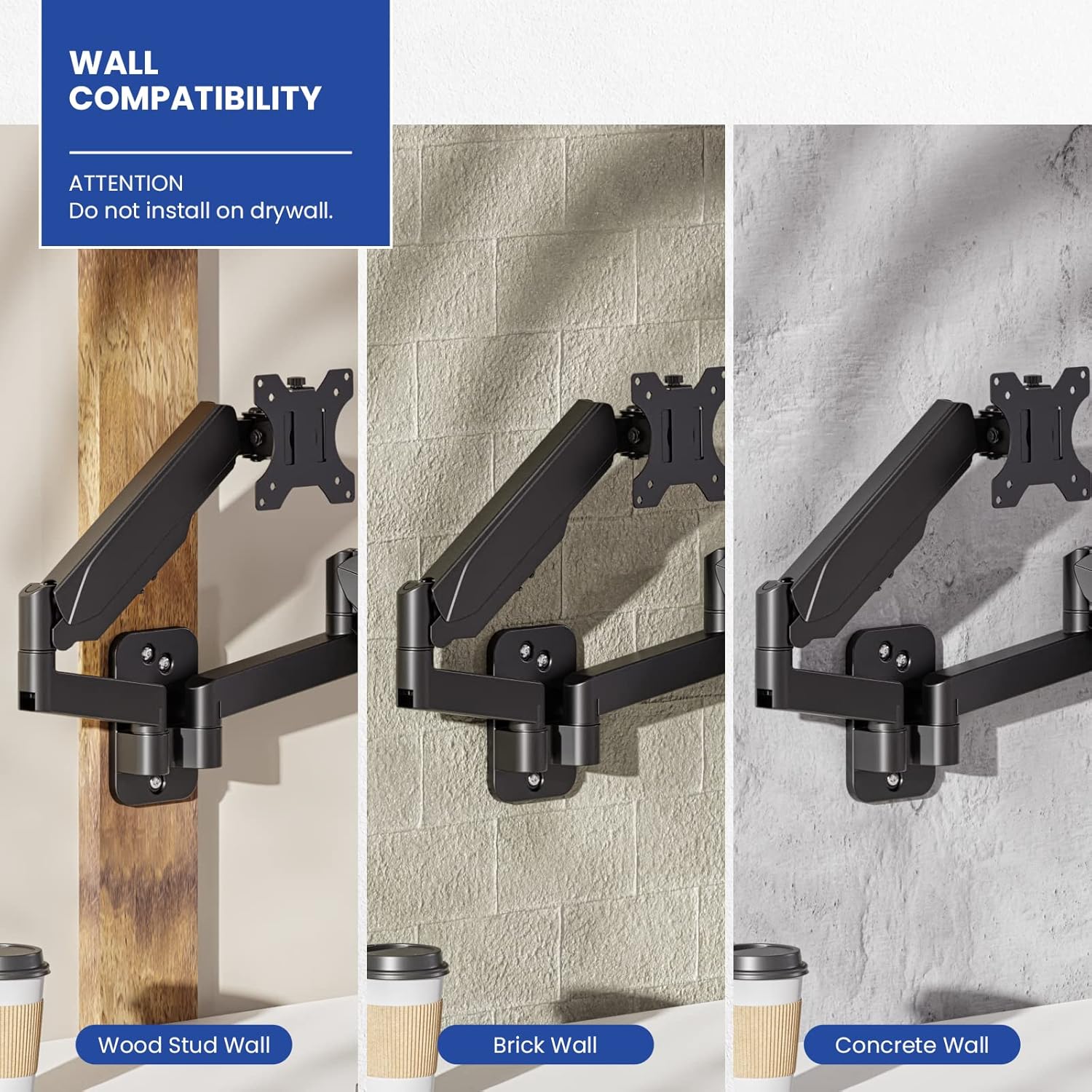 Dual Monitor Wall Mount, Gas Spring Arm for 17-32 Inch Screens, Full Motion Adjustable, Black R694178