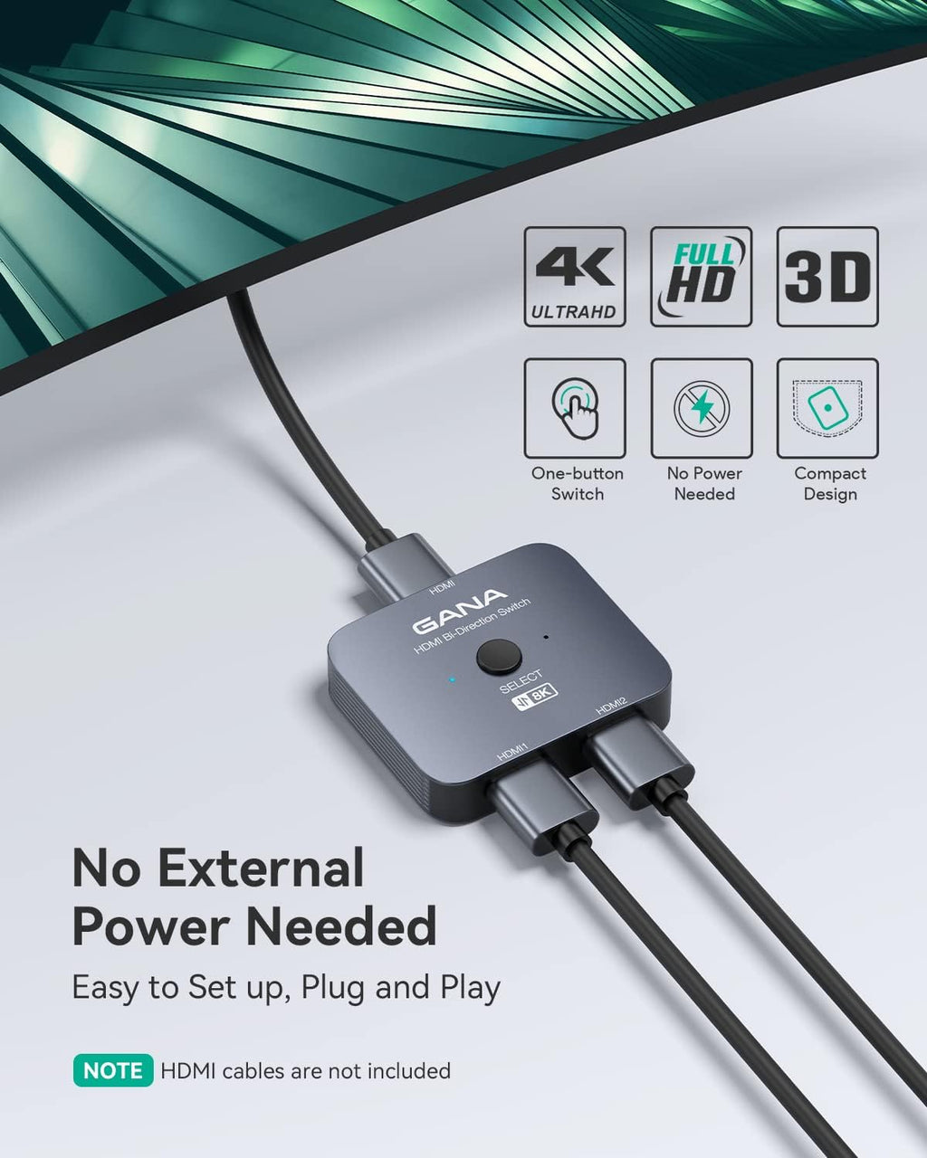 HDMI 2.1 Switch, 8K HDMI Switcher Splitter, 2 in 1 Out, 4K@120Hz, 48Gbps Aluminum Hub U370