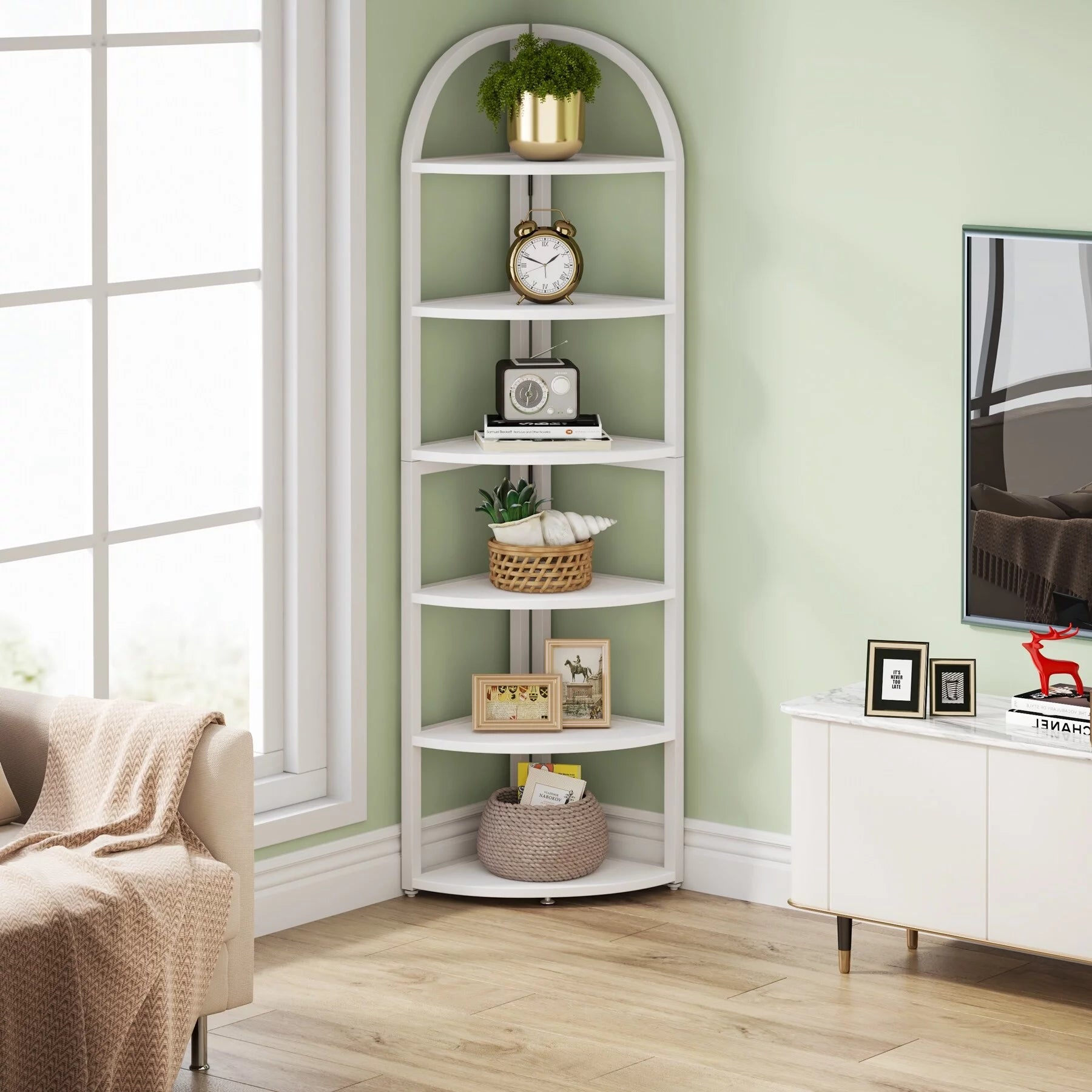 Corner Shelf, 6-Tier Rustic Brown Wood Bookcase O449