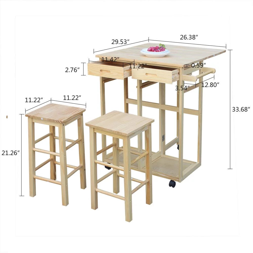 Kitchen Island Rolling Trolley Cart with Stools I1439
