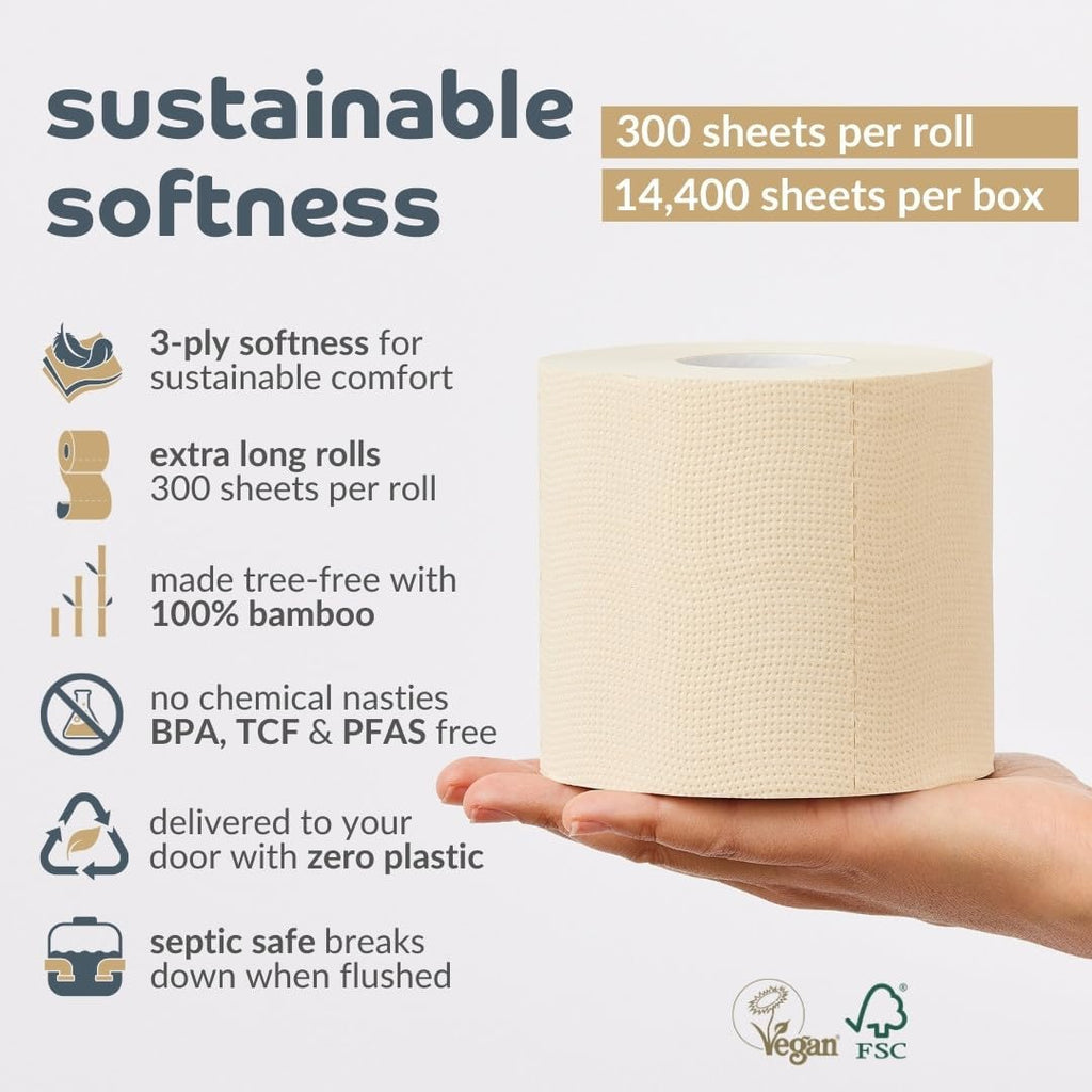 Bamboo Toilet Roll 48 Pack, 3 Ply, 300 Sheets, Plastic-Free B21059