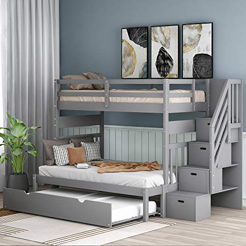 Twin Over Twin/Full Bunk Bed with Trundle and Drawers, Solid Wood Staircase, White C353971