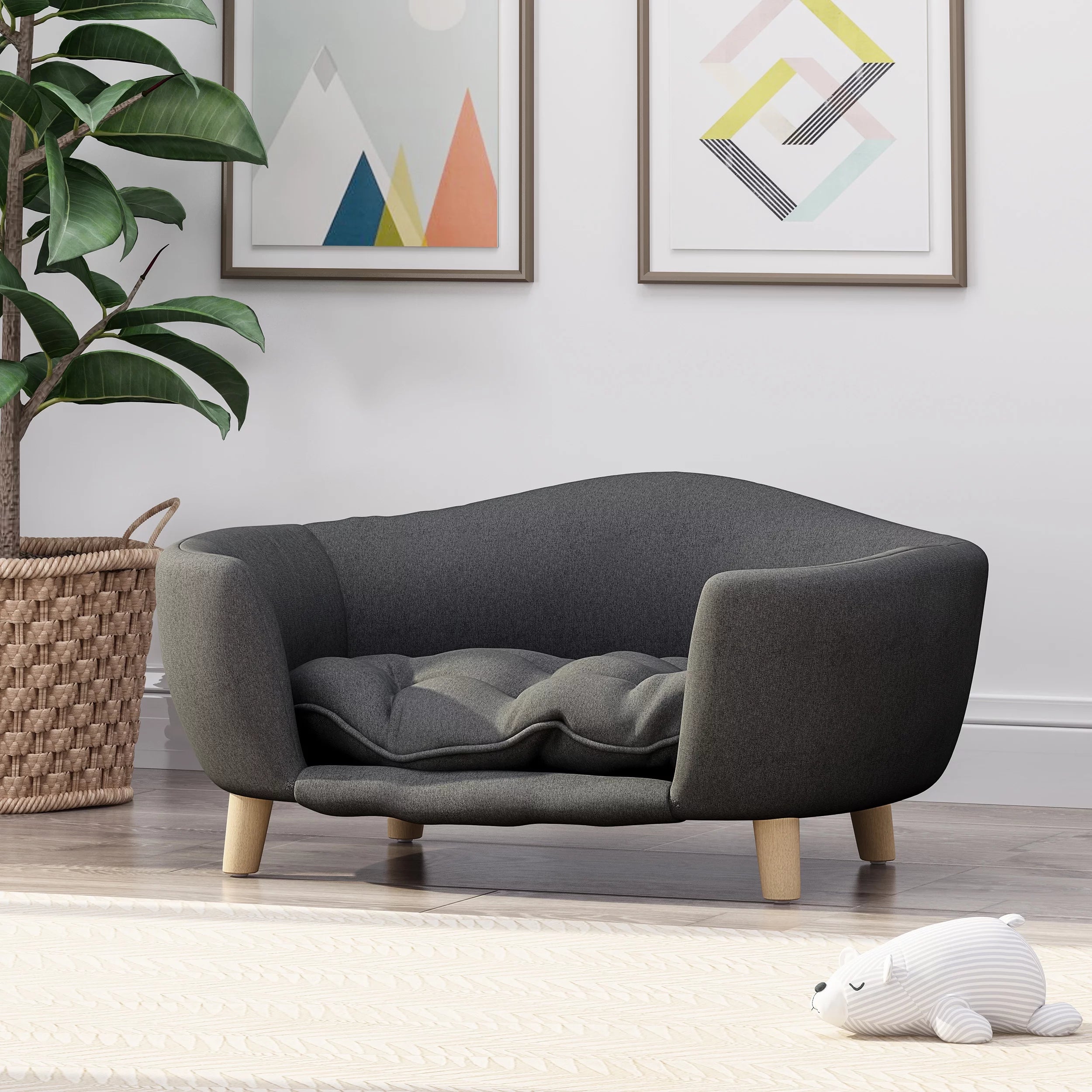 Noble House Jeffery Mid Century Small Plush Pet Bed, Dark Gray and Natural