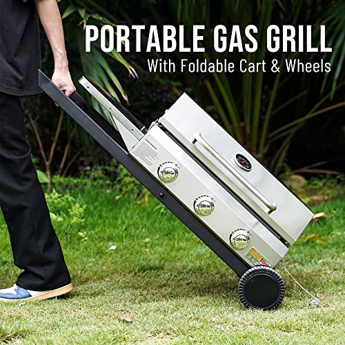 Portable Propane Gas Griddle 3-Burner with Foldable Cart and Side Table, Flat Top Grill Stove with Lid N3550