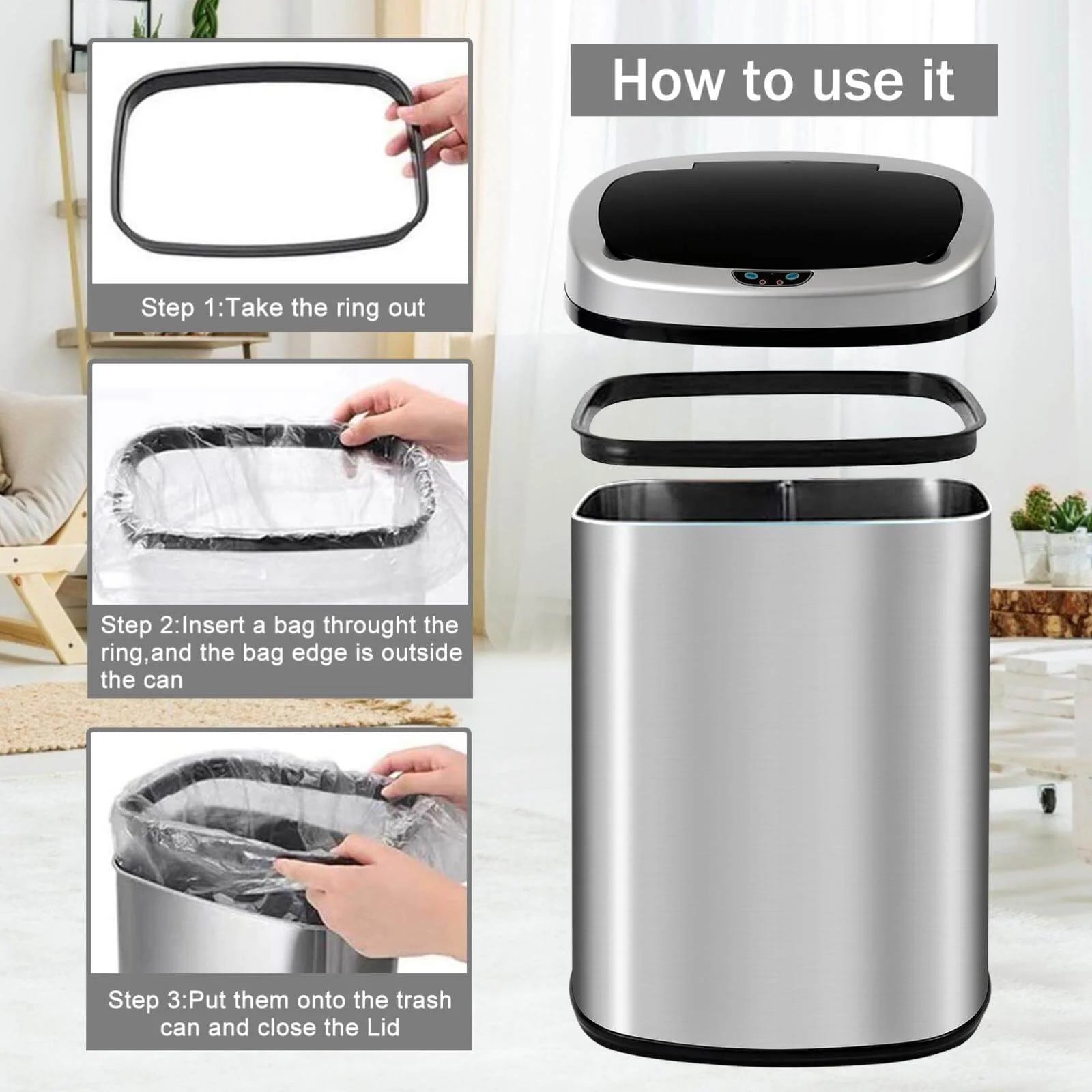 Kitchen Trash Can with Lid, 13 Gallon Automatic Stainless Steel Garbage Can with Motion Sensor, Silver O912