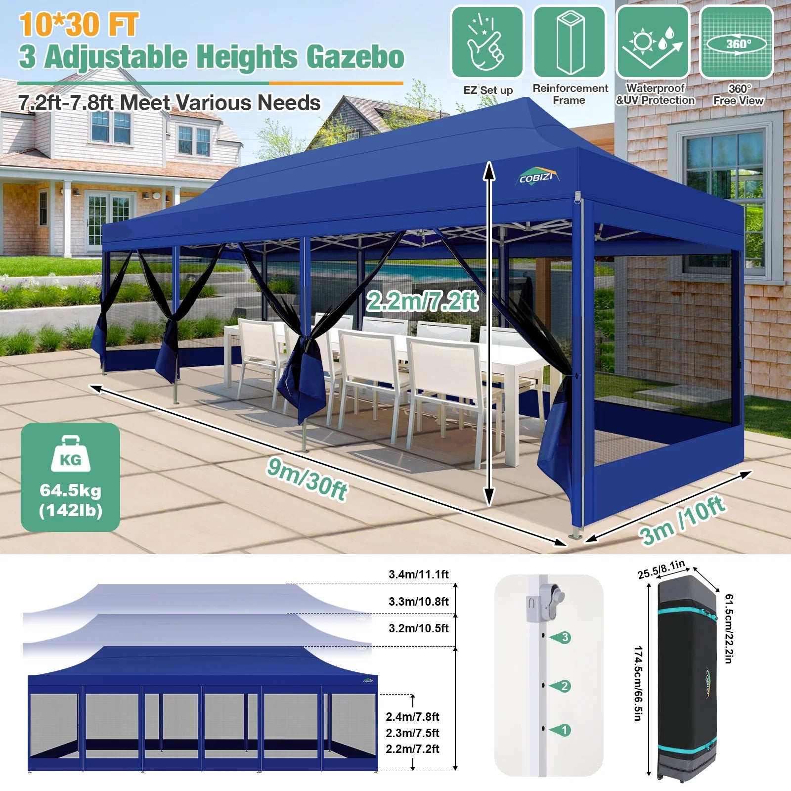 10x30 Pop Up Canopy Tent with Netting and Sidewalls, Waterproof, Outdoor Party Gazebo G34362