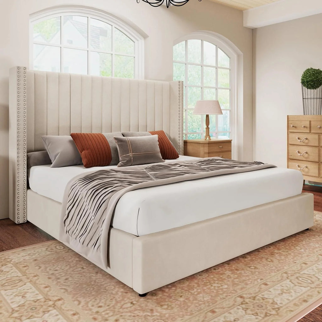 Queen Bed Frame Lift Up Storage Bed, Velvet Upholstered with Wingback Headboard S23471