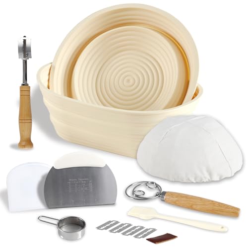 Silicone Banneton Bread Proofing Basket, 9.5 Inch Round & 10.5 Inch Oval Foldable Sourdough Bread Proofing Basket with Linen Liner, Bread Baking Supplies Yeast Proofing Bowl Set (Oval & Round)
