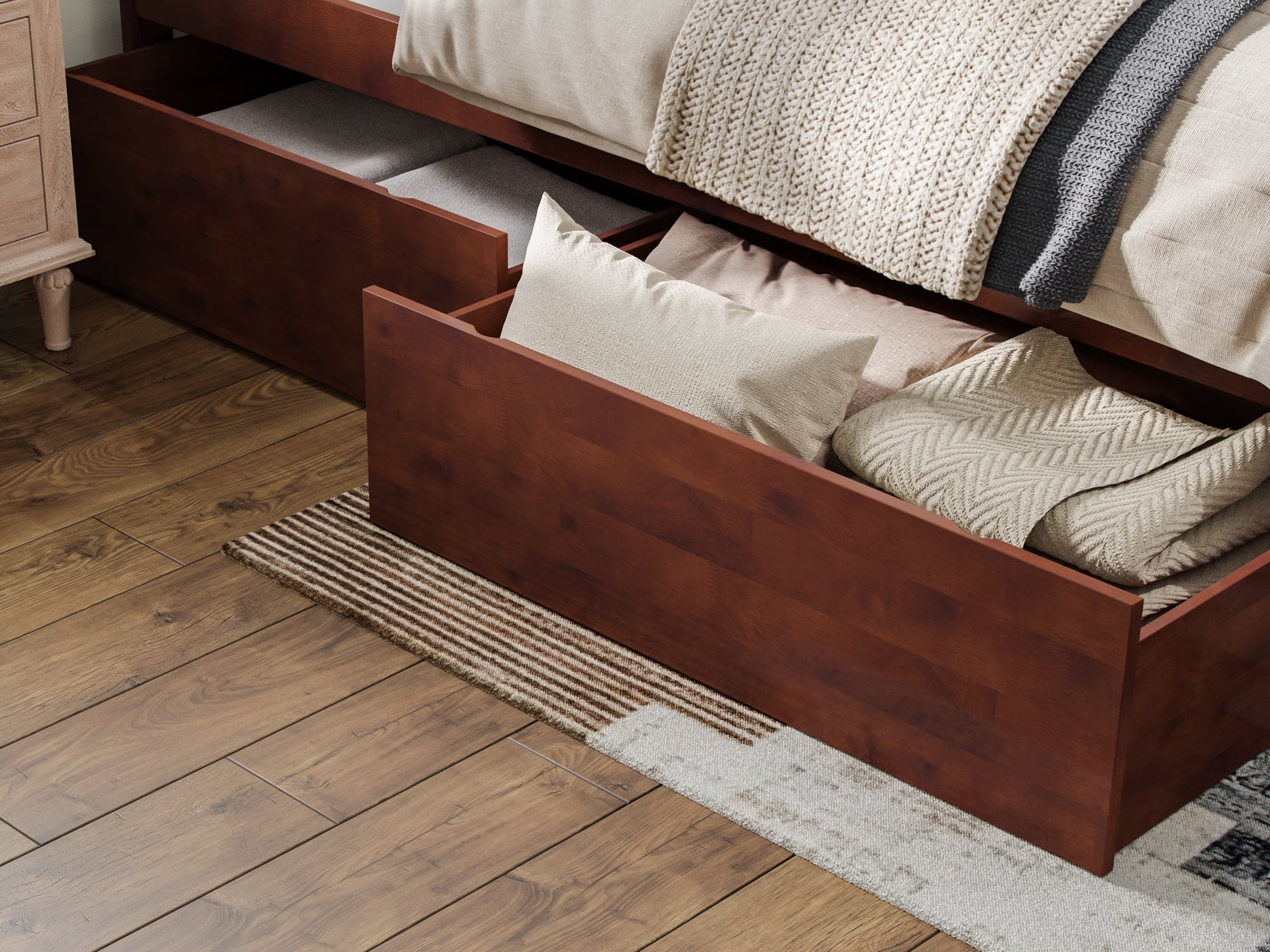 Walnut Solid Wood Platform Bed with Storage Drawers, Queen R138