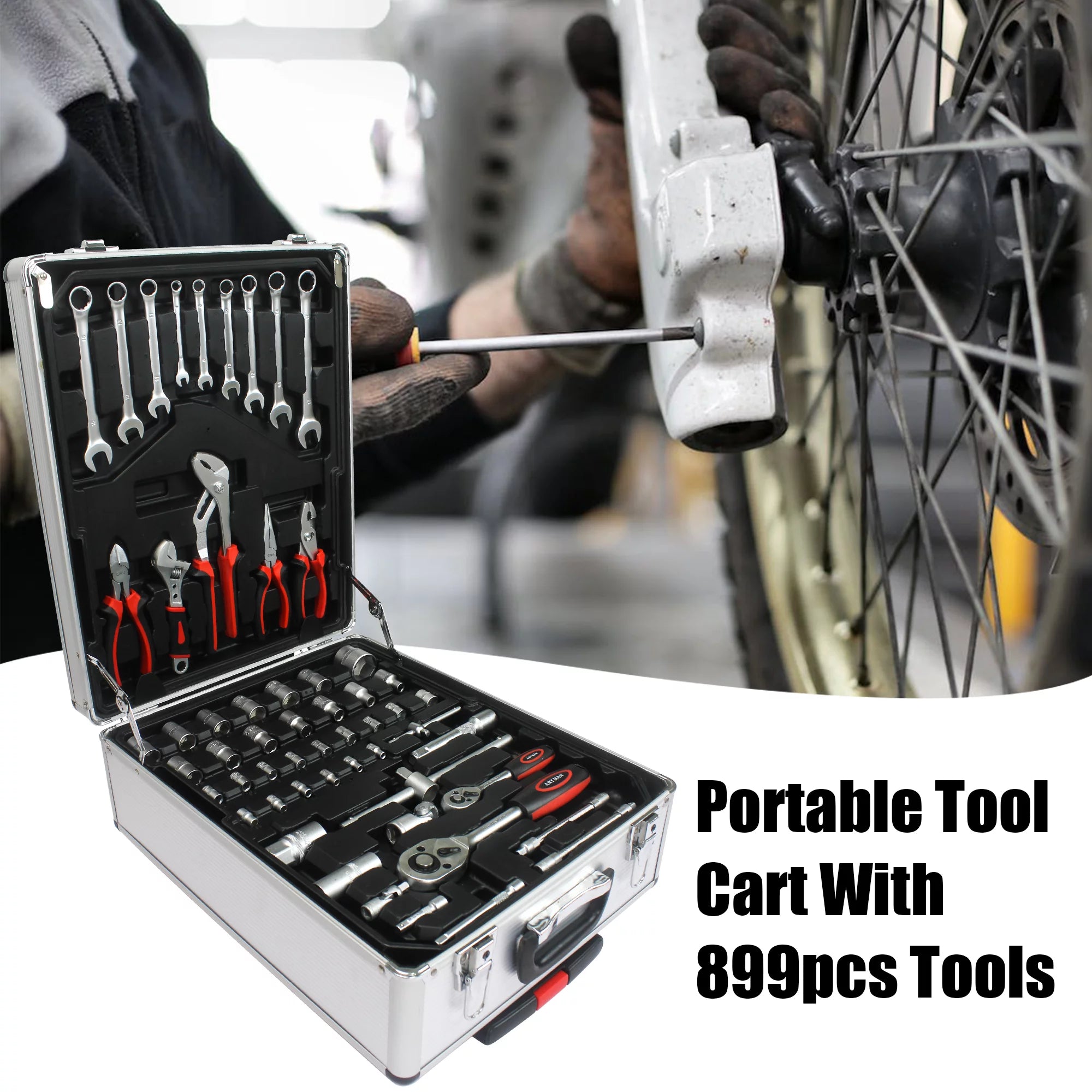 899PCS Tool Set, White Rolling Tool Box with 4 Layers, Household Hand Tool Kit Y485297