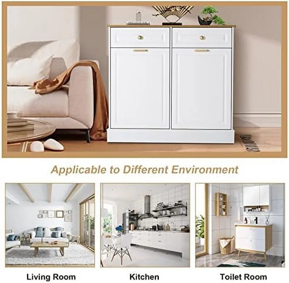Double Barn Door Trash Cabinet with Hideaway Drawer U8207