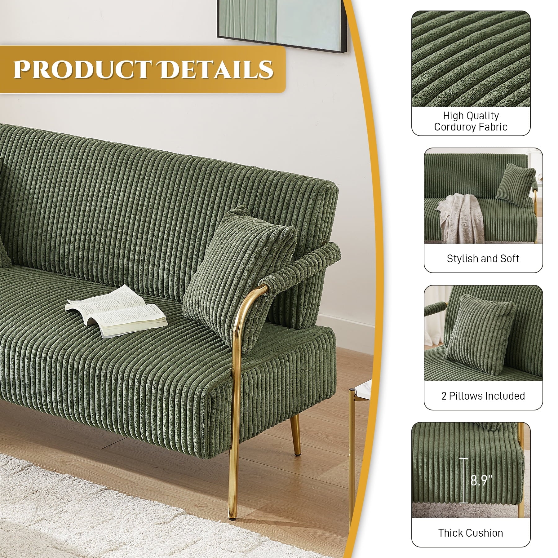 Tufted Velvet Futon Sofa Bed with 2 Pillows, 3 Adjustable Backrest Angles P745163