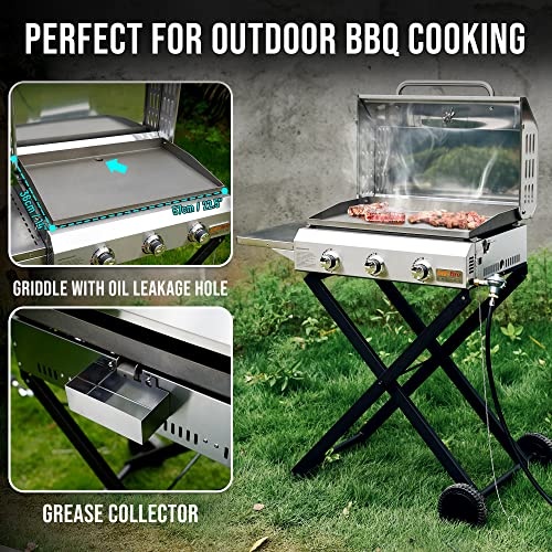 Portable Propane Gas Griddle 3-Burner with Foldable Cart and Side Table, Flat Top Grill Stove with Lid N3550