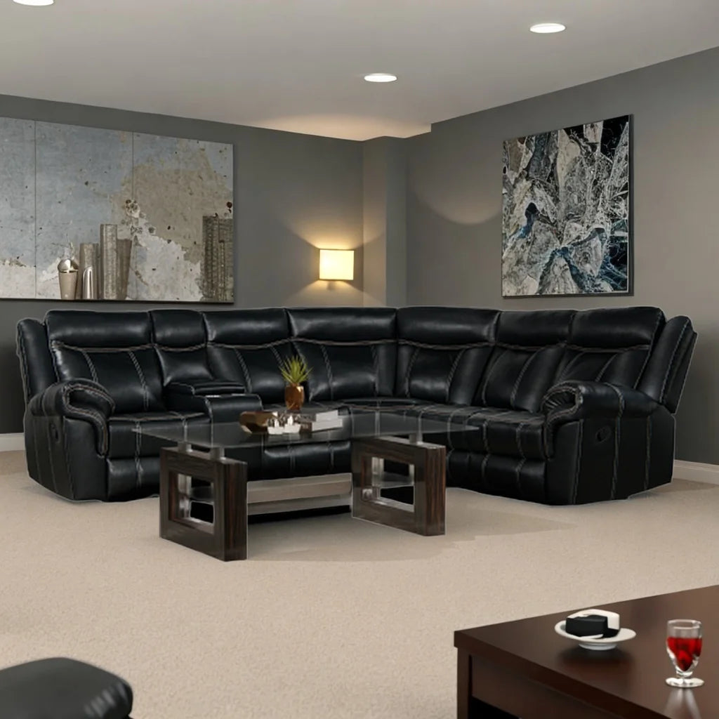 Home Theater Seating Manual Recliner Sofas with Cup Holder, Hide-Away Storage, 2 USB Ports and 2 Power Sockets for Living Room, Home Theater (Black)