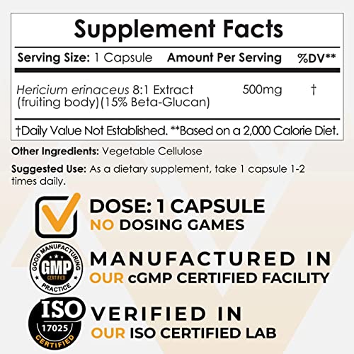 Lion's Mane Mushroom Capsules 500mg, 60 Count Y204208