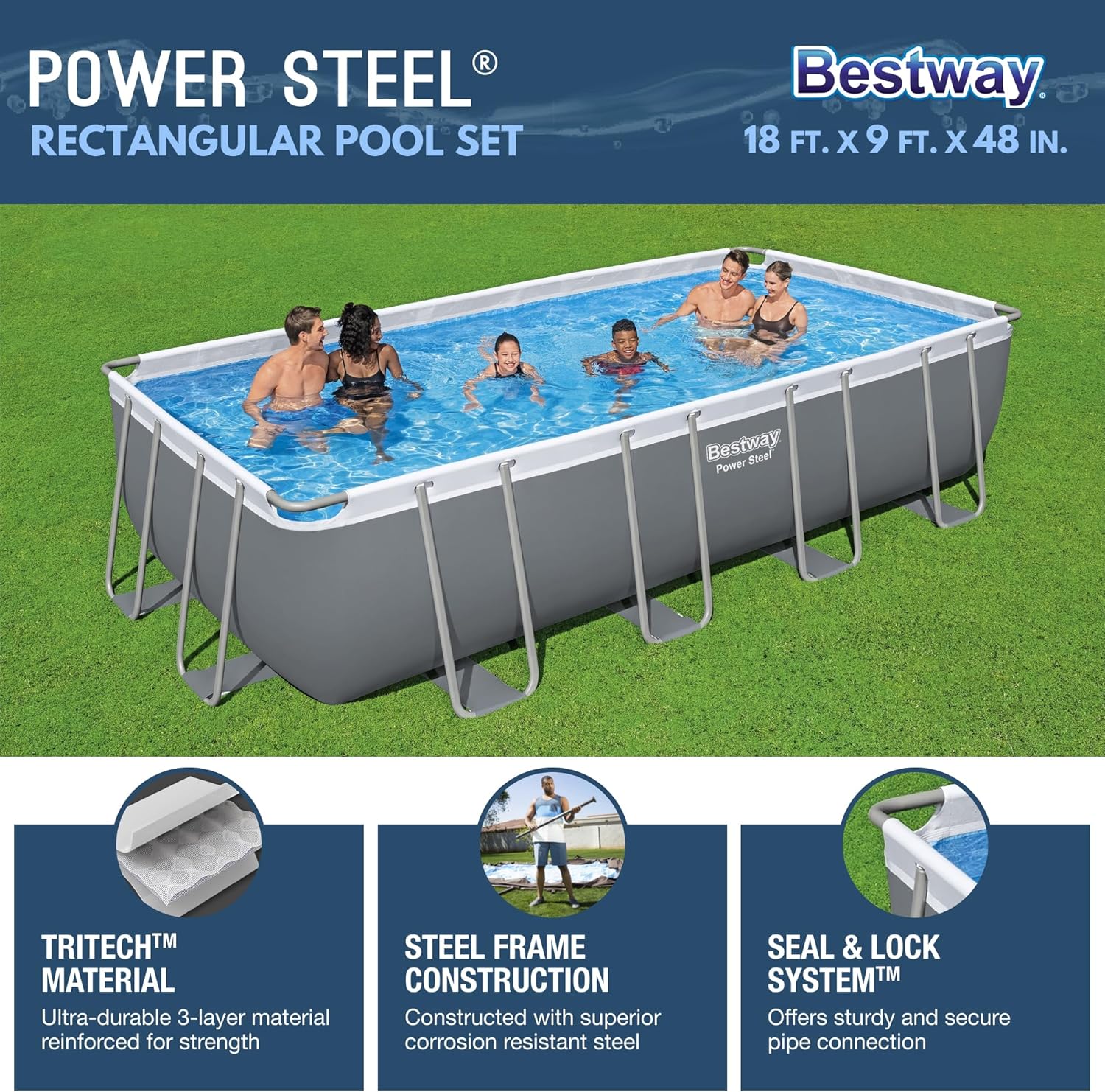 Rectangular Above Ground Swimming Pool Set with Sand Filter Pump G3747