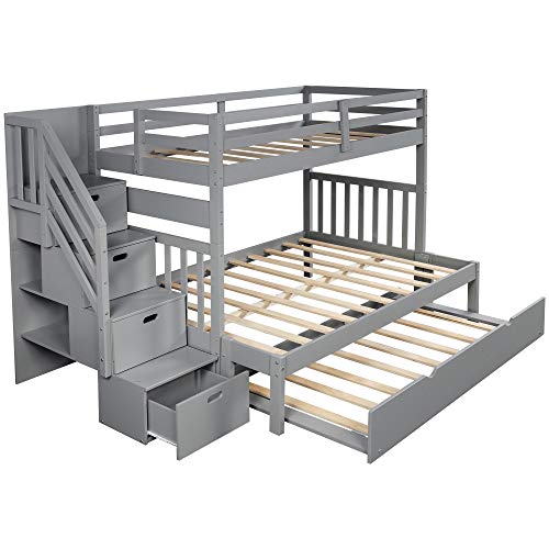 Twin Over Twin/Full Bunk Bed with Trundle and Drawers, Solid Wood Staircase, White C353971