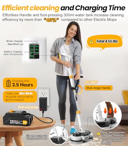Cordless Electric Mop with 6000mAh Battery, Spin Scrubber for Floor Cleaning U360