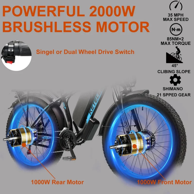 Electric Bike for Adults 2000W 48V 23AH Removable Battery 26" Fat Tire H8704