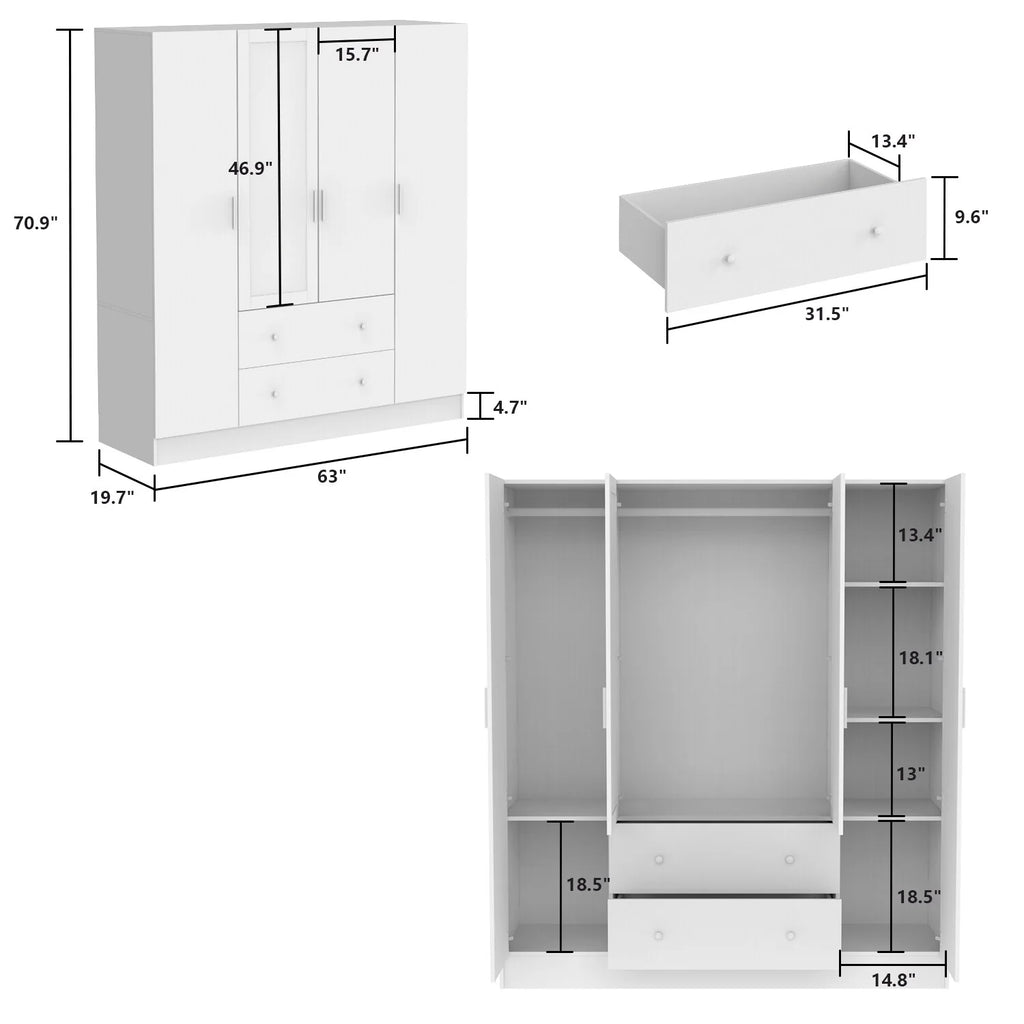 Wooden Wardrobe Closet with Mirror, 4 Doors and 2 Drawers H105472