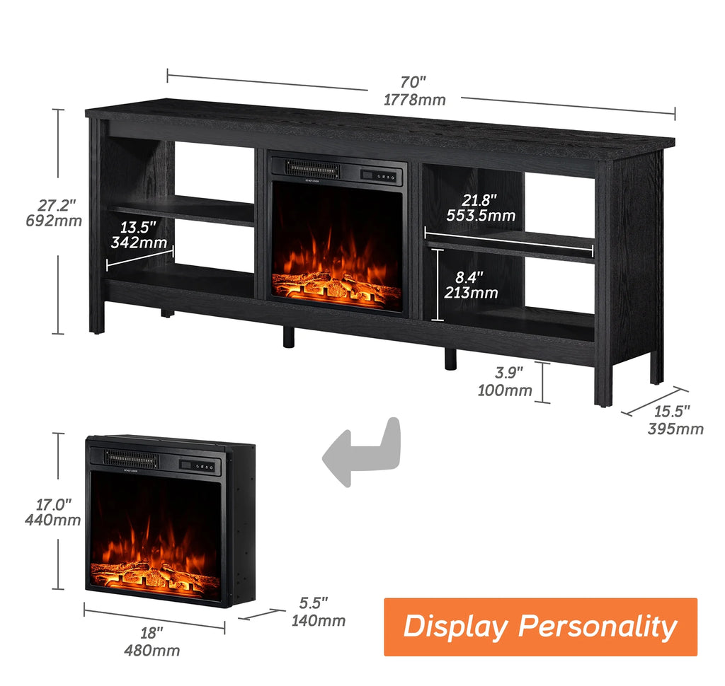TV Stand with Electric Fireplace, Black Entertainment Center, 4 Storage Y247132