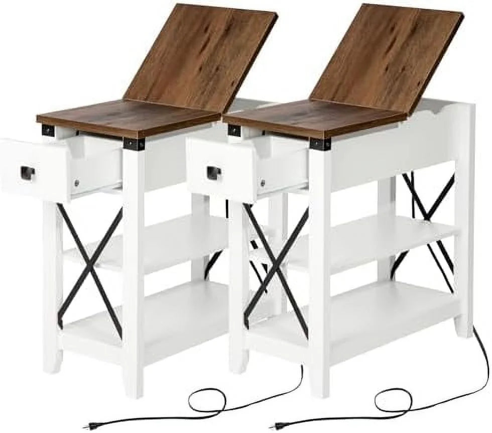 RUNFAYBIU Narrow End Table with Charging Station - Bohemian Slim    with USB Ports Power Outlets  Nightstand with Flip Top  Drawer  Small Spaces Living Room Bedroom  Oak Color