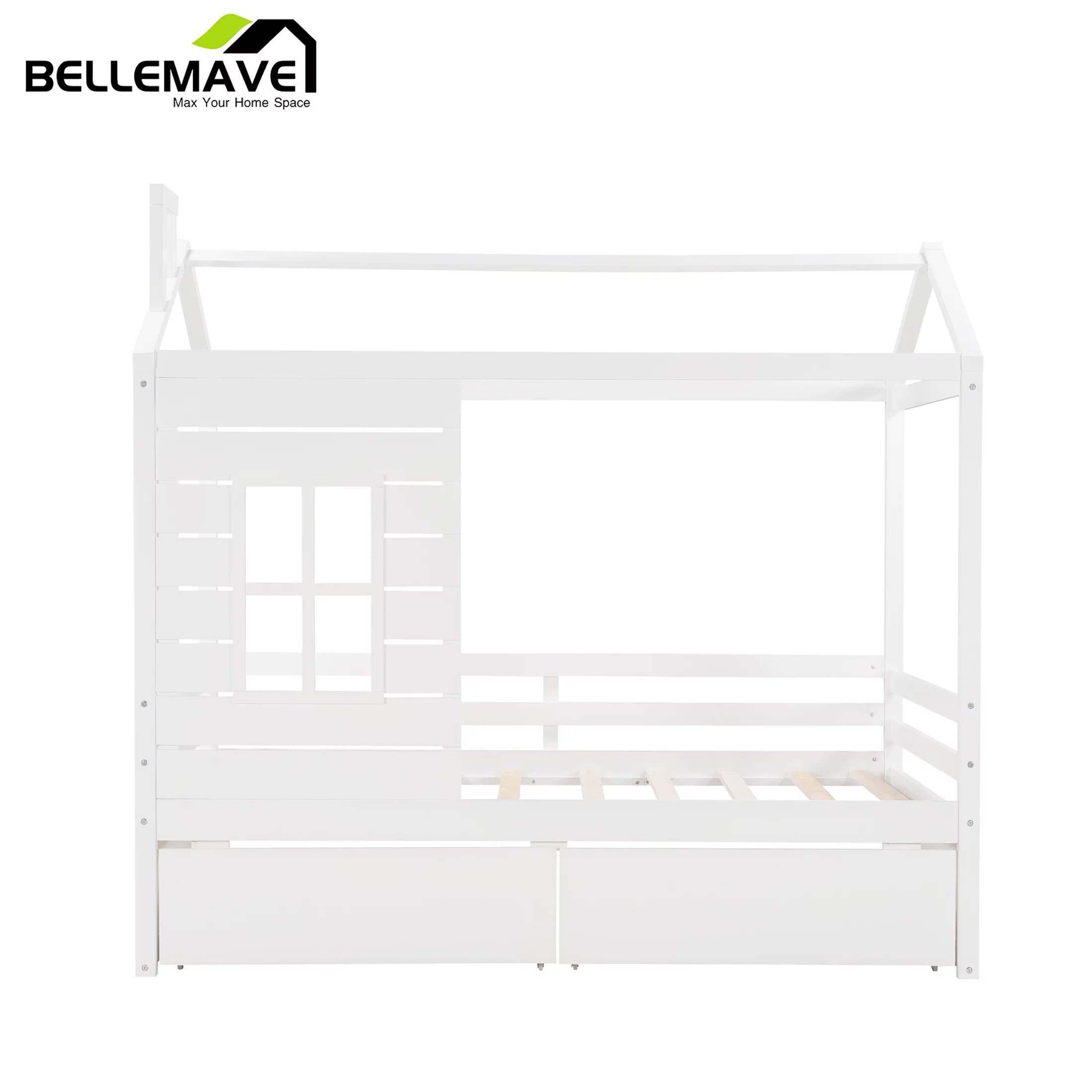 Twin Size House Bed with Drawers and Guard Rails Q40260